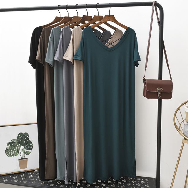 KUMI-Short-Sleeve Plain Sleep Dress