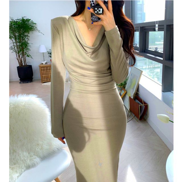 Fruz - Long-Sleeve Cowl Neck Plain Slit Midi Sheath Dress | YesStyle
