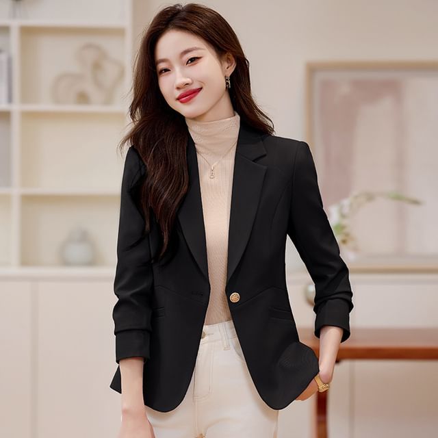 Skyheart-Notch Lapel Plain Single-Button Blazer