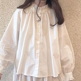 Fabricino-Long Sleeve Ruffle Neck Plain Blouse