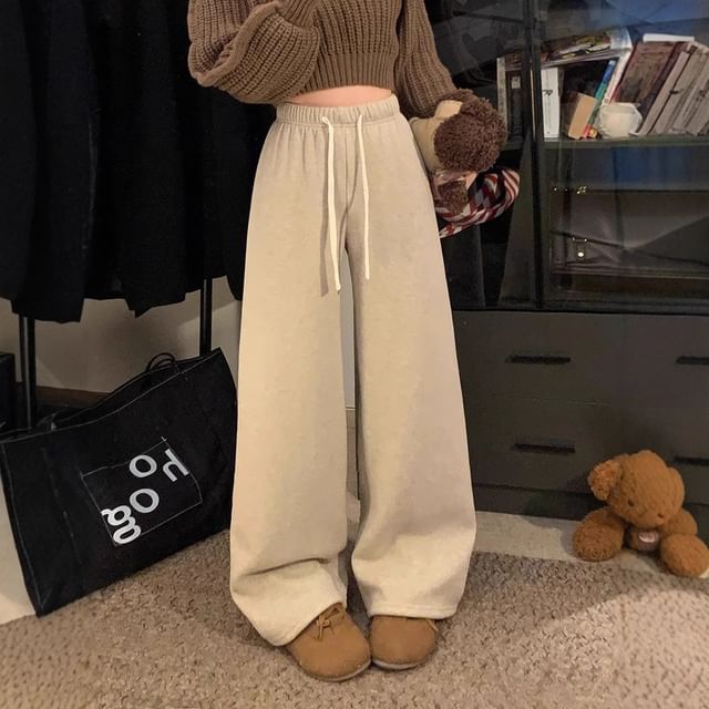 Trendycas-Drawstring Waist Plain Fleece-Lined Baggy Sweatpants