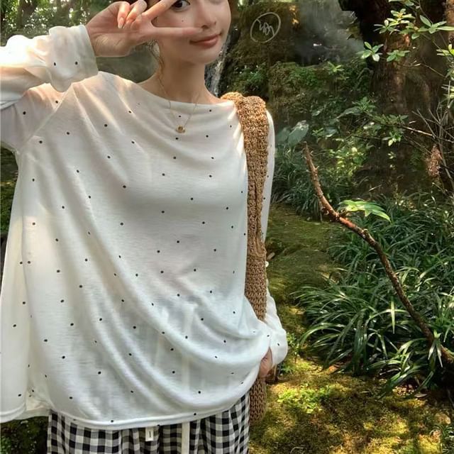 Everose-Long-Sleeve Round Neck Dotted Open Back Oversized Tee