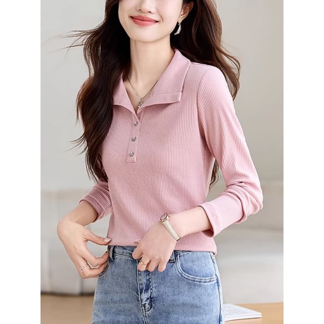 Dragan Pulse-Long-Sleeve Collared Plain Ribbed T-Shirt