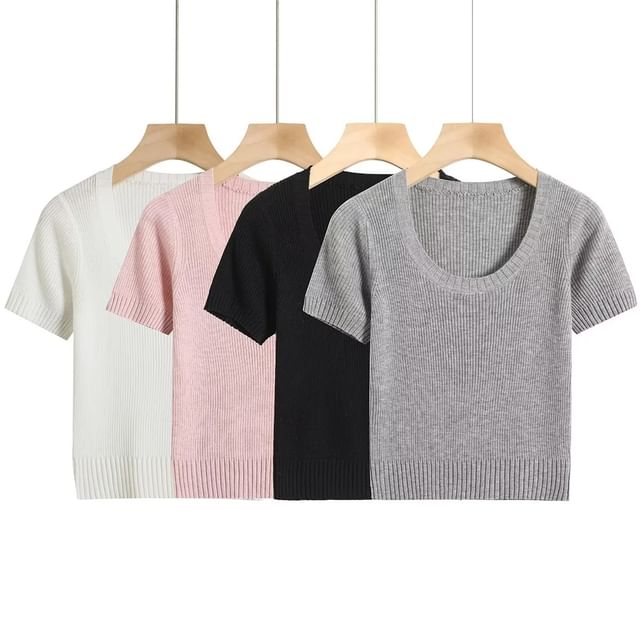 Asiris-Short Sleeve Plain Knitted Slim-Fit Top
