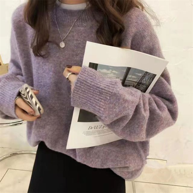 FR-Long-Sleeve Round Neck Plain Sweater