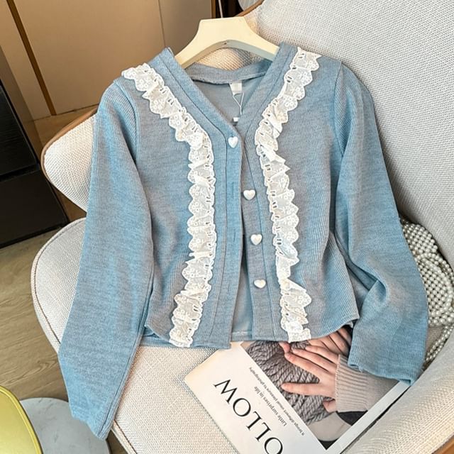 Lemongrass-Lace-Trim V-Neck Cardigan