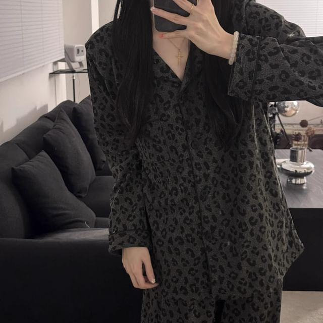 Dazzli-Pajama Set Long Sleeve Collared Leopard Print Shirt Straight Leg Pants