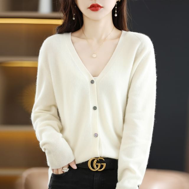 Weelop-V-Neck Button-Up Plain Cardigan
