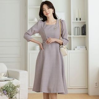CHICLINE[チックライン] HIDE AND SQUARE NECK BELT FLARE DRESS CHICLINE - Square-Neck Flared Tweed Dress with Belt | YesStyle