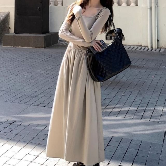 Trogendo - Long-Sleeve Square Neck Plain Maxi A-Line Dress | YesStyle