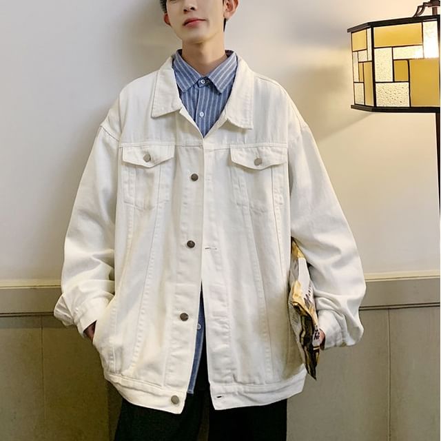 Bay Go Mall-Collared Washed Button-Up Denim Jacket