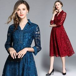 Yonna - 3/4-Sleeve Lace A-Line Midi Dress