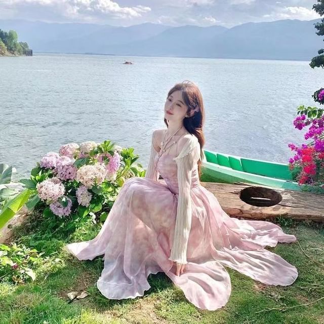 Shinsei-Spaghetti Strap Tie Dye Ruffle Maxi A-Line Dress