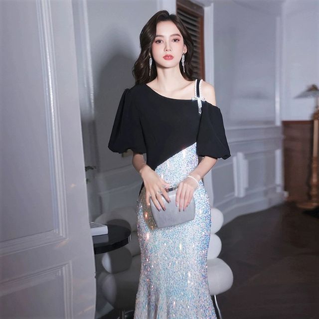 donna karan a line wrap dress Country Club Asymmetric Neckline Midi Dress Sequin White main image 1