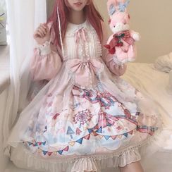 Lolita Smile - Long-Sleeve Printed A-Line Dress / Headband / Set