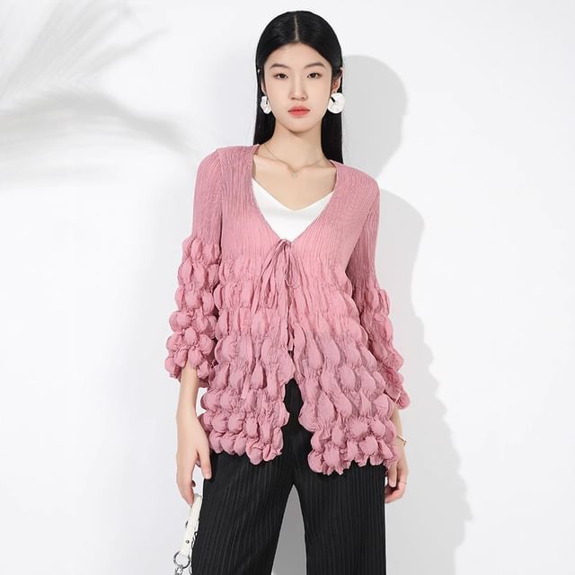 Doowex-34 Sleeve V-Neck Plain Bubble Cropped Cardigan