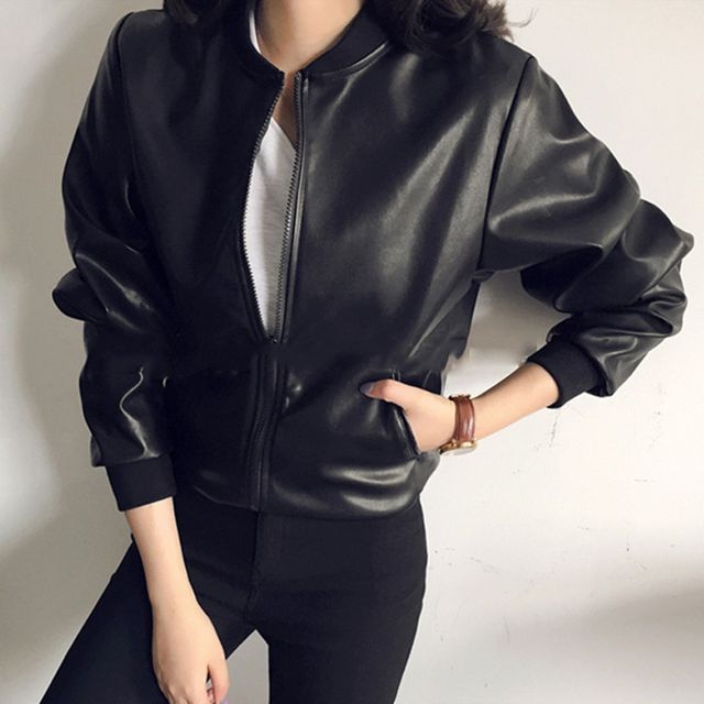ISSOL-Plain Faux Leather Zip Jacket