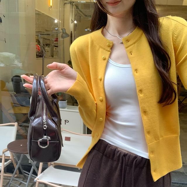 KUMI-Round Neck Plain Cardigan