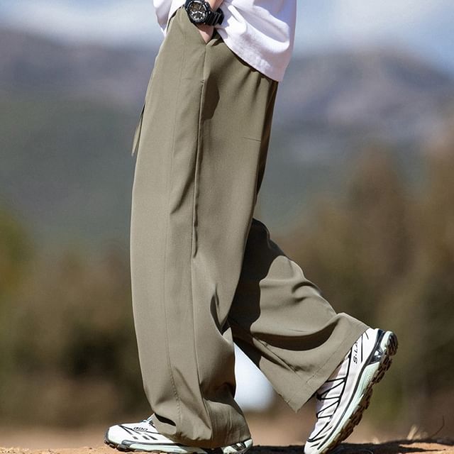 Really Point-Drawstring Waist Plain Straight Leg Pants