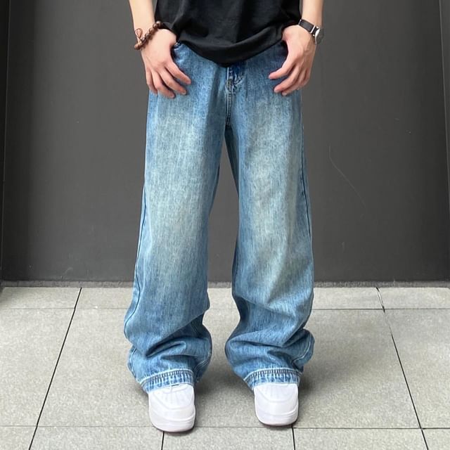 DragonRoad-Mid Rise Washed Wide Leg Jeans