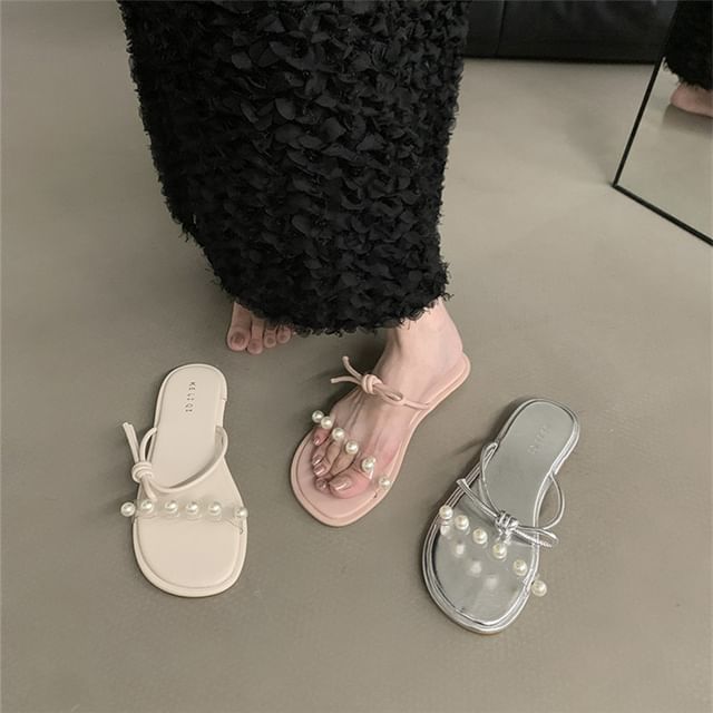 Asterisk-Faux Pearl Knotted Slide Sandals