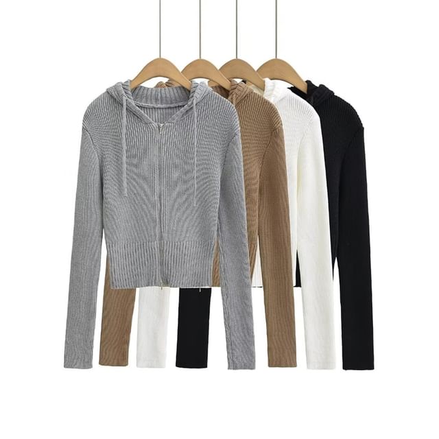Ulark-Plain Zip-Up Crop Knit Hoodie