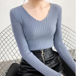 Asilah - Long-Sleeve V-Neck Plain Knit Top Asilah - Long-Sleeve V-Neck Plain Knit Top