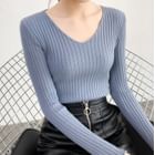 Asilah - Long-Sleeve V-Neck Plain Knit Top