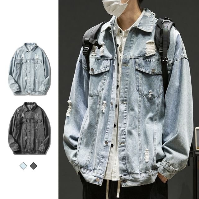 WidoWilder-Collared Washed Distressed Button-Up Denim Jacket