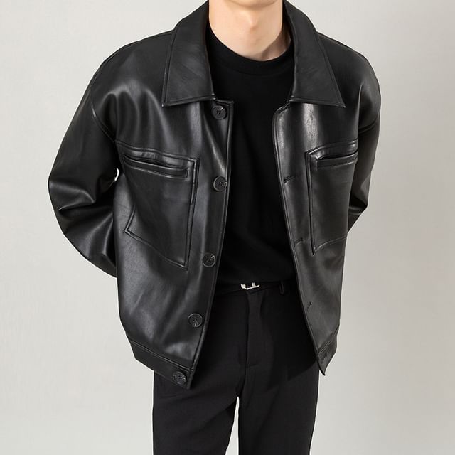 DuckleBeam-Collared Plain Faux Leather Button Jacket