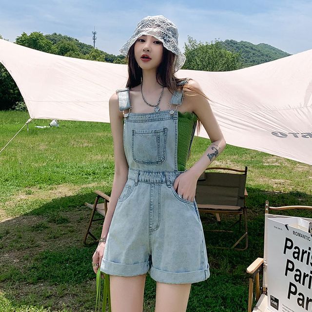 Denimot-Washed Denim Dungaree Shorts