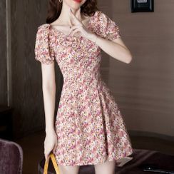 Themis - Short-Sleeve Floral Print A-Line Mini Dress