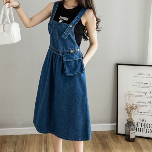 white christmas dresses Women's Pieced Denim Jumper Dress – Wash Lab – washlabshop