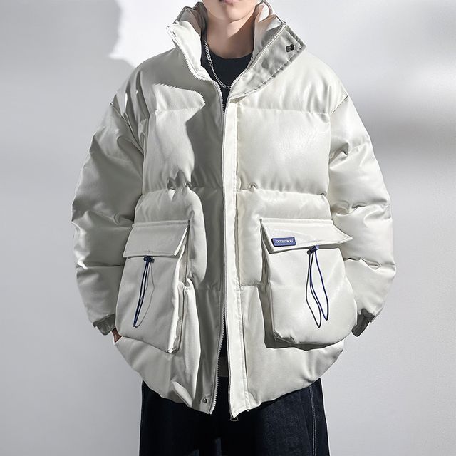 VEAZ-Stand Collar Plain Faux Leather Zip Puffer Jacket