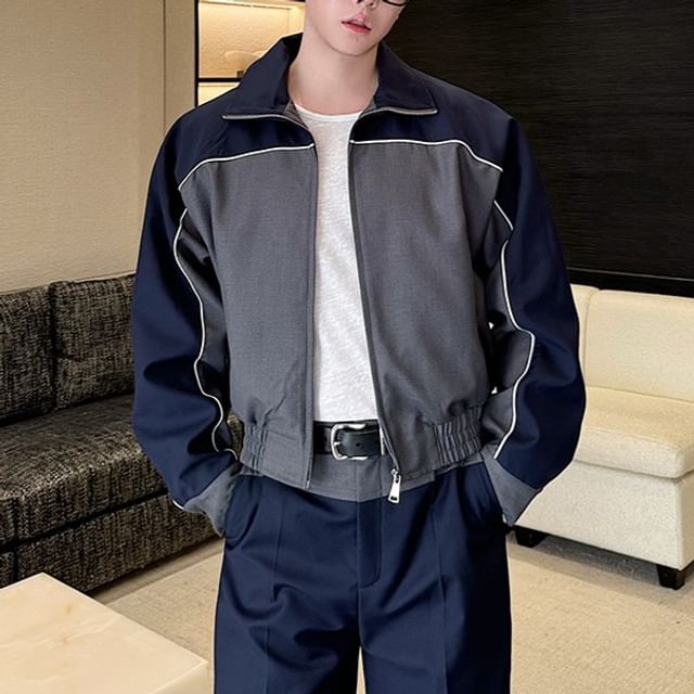 Omozando-Set Collared Two Tone Oversized Zip Jacket Elastic Waist Wide Leg Pants