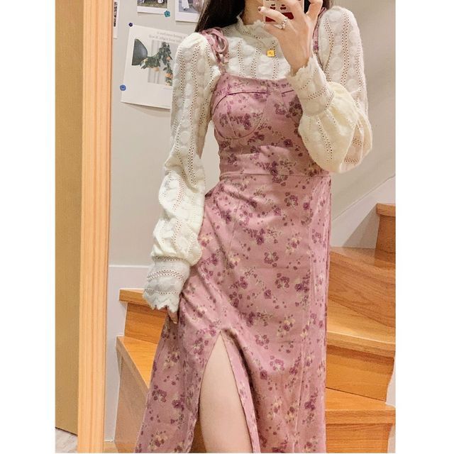 Benonar - Long-Sleeve Lace Blouse / Floral Print Slim-Fit Sleeveless Dress