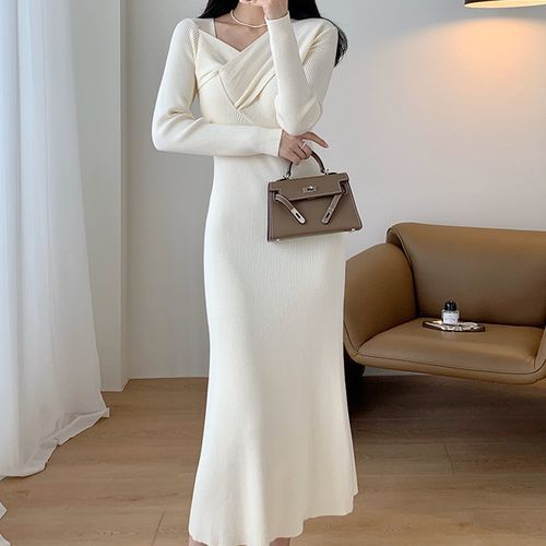 Long-Sleeve Asymmetrical Neck Plain Ribbed Midi Knit Dress