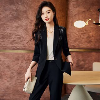 Princess Min Set Lapel Collar Plain Single Button Blazer + Suit Pants