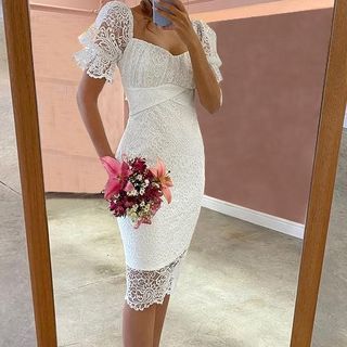 Grizelda - Lace Embroidered Short-Sleeve Midi Bodycon Dress | YesStyle