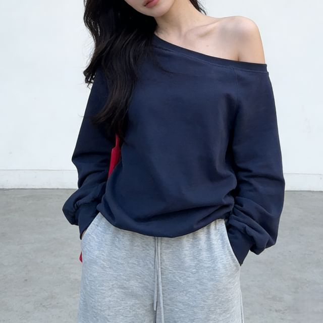 Beem-One Shoulder Plain Sweatshirt Drawstring Waist Plain Wide Leg Sweatpants