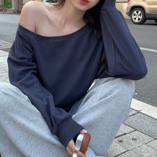 Beem One Shoulder Plain Sweatshirt / Drawstring Waist Plain Wide Leg Sweatpants Sale