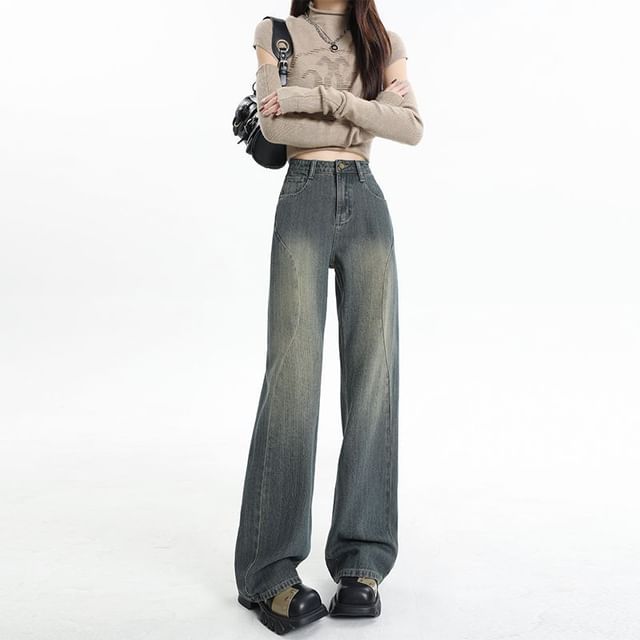 Denimot-High Rise Washed Wide Leg Jeans