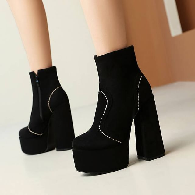 Freesia-Chunky Heel Contrast Stitched Zip-Up Short Boots