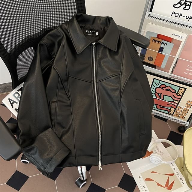 Plummie-Lapel Collar Faux Leather Zip Up Jacket