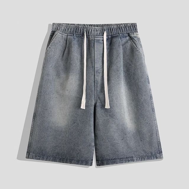 purplelouve-Drawstring Waist Washed Denim Shorts