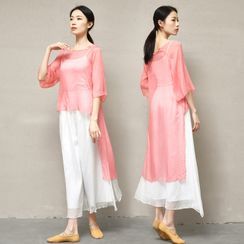 Winkplay(ウィンクプレイ) - Wide-Leg Dance Pants / 3/4-Sleeve Chiffon Top / Camisole Top / Set Winkplay(ウィンクプレイ) - Wide-Leg Dance Pants / 3/4-Sleeve Chiffon Top / Camisole Top / Set