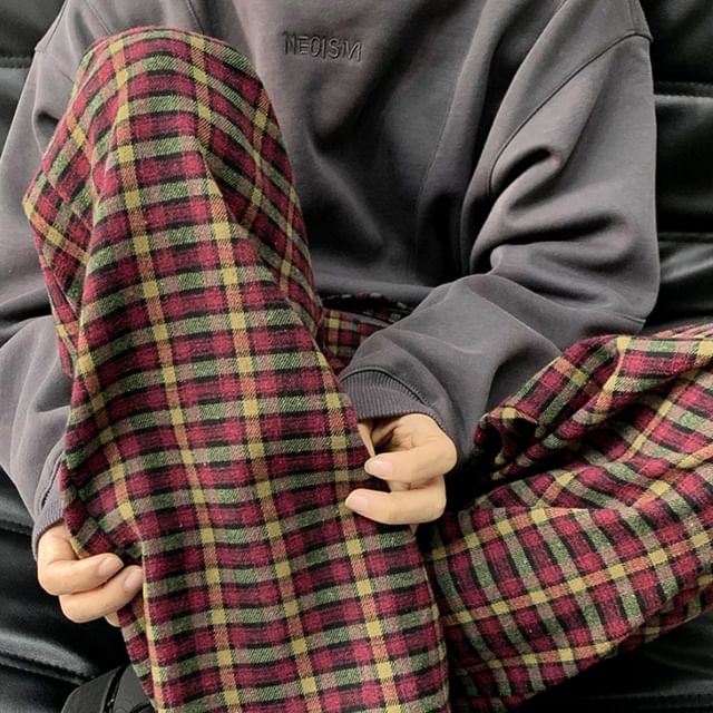 Samso-High Waist Plaid Loose Fit Pants