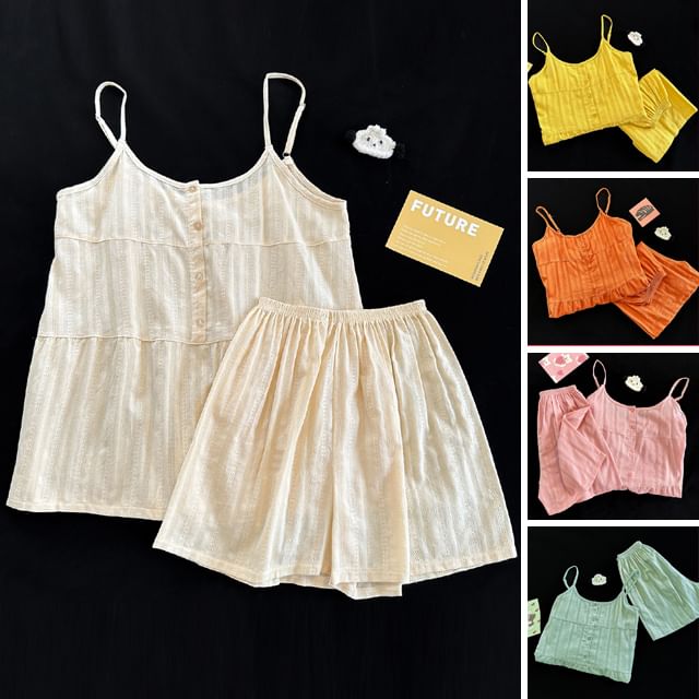 Siensien-Pajama Set Scoop Neck Plain Buttoned Camisole Top Elastic Waist Shorts