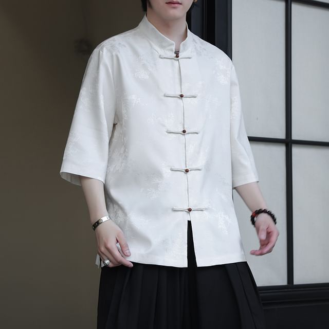 Ninine-34-Sleeve Mandarin Collar Jacquard Frog Button Shirt