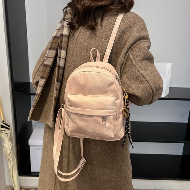 Indenis-Faux Leather Plain Zip Backpack